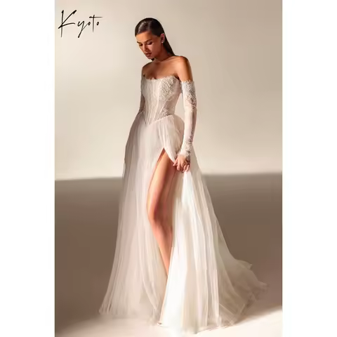Kyoto Customized White Strapless Wedding Dress Detachable Sleeves Tulle vestidos de noiva Side High Split Evening Dress 2025