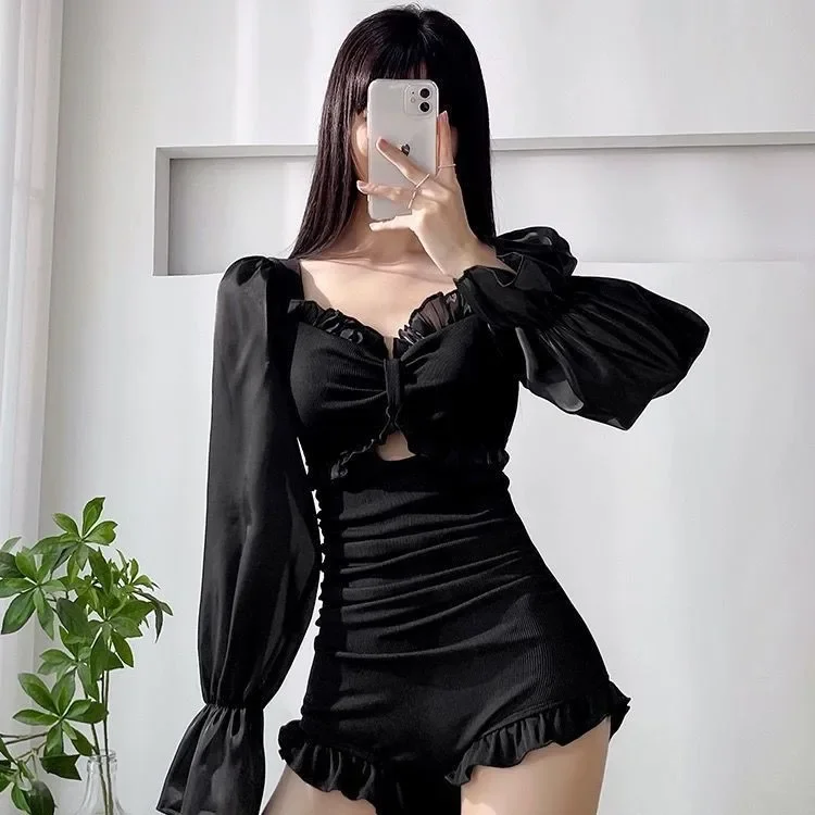 New long sleeved swimsuit for women slimming and conservative soaking in hot springs one-piece high-end sense swimsuit for women