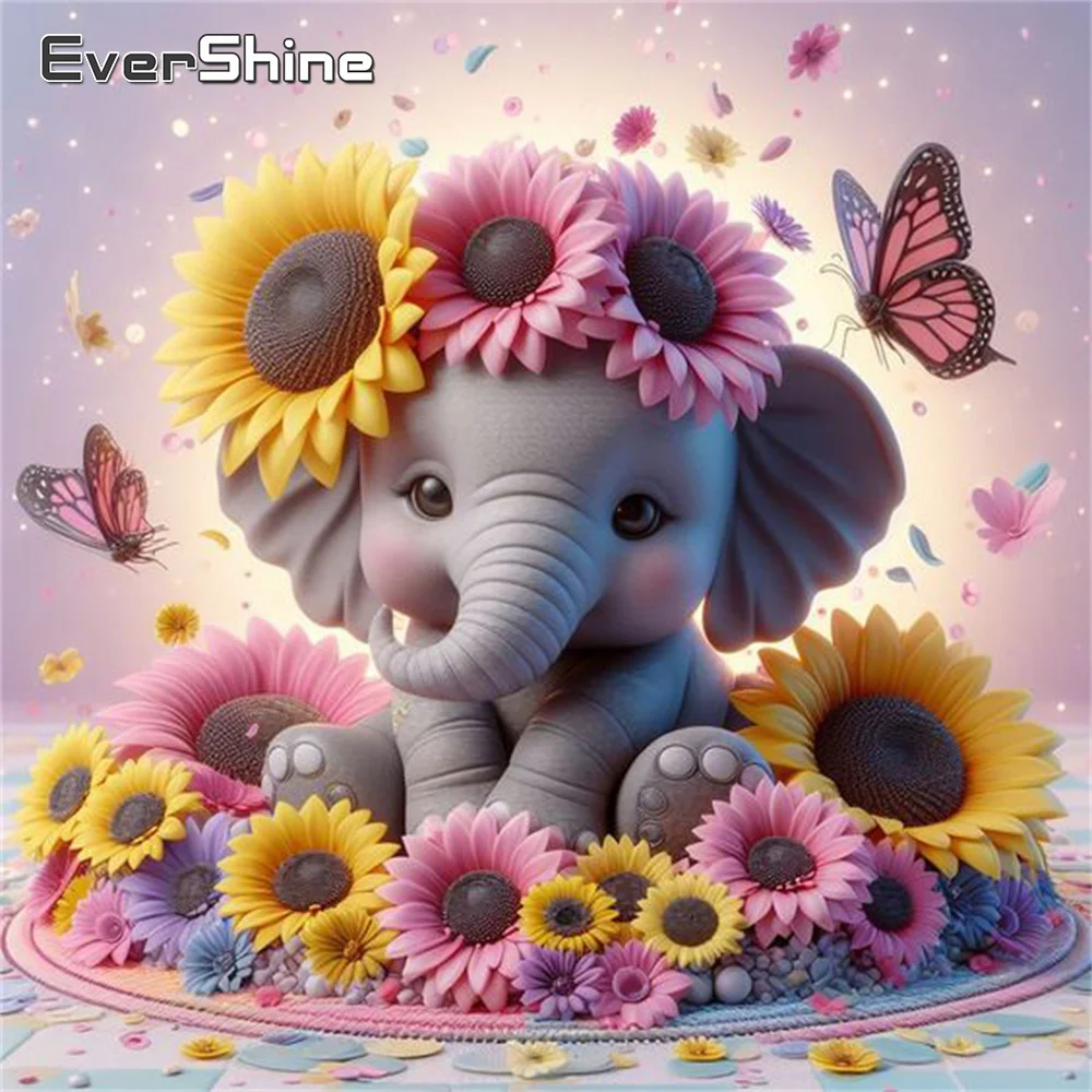 Evershine Elephant Diamond Painting Animal Cross Stitch Kits Sunflower Embroidery Cartoon Mosaic Home Decoration