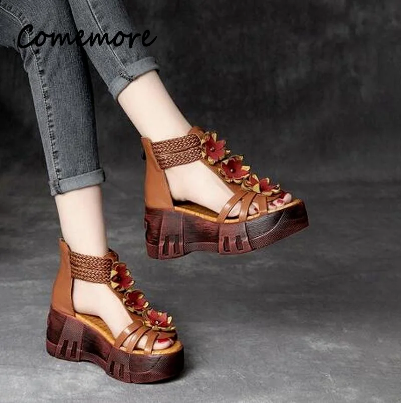 Comemore Retro 2023 New Genuine PU Leather Summer Platform Wedges Shoes Sandal Women Leather Gladiator Women High-heeled Sandals