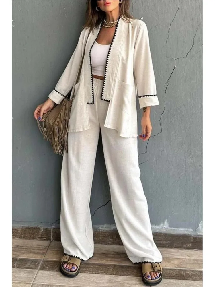 

Elegant Spring Autumn Long-sleeved Cardigan Top + Wide-leg Pants 2-piece Set For Women Fashionable Pocket Loose New Suit Female