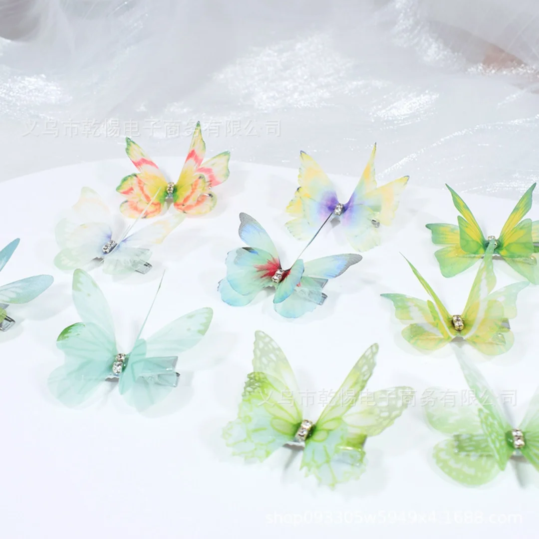 

10pcs/set Butterfly Hair Clip Gradient Flocking Hairpins with Gold Color Cute Gauze Headwear Girl Children Hair Accessories Gift