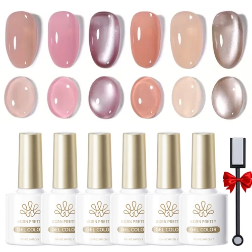 Imagen 2 del producto BORN PRETTY Juego de esmaltes de uñas en Gel magnético, 6 uds., color rosa desnudo, luz de agua, gato, 10ml, translúcido, remojo UV, regalo para manicura