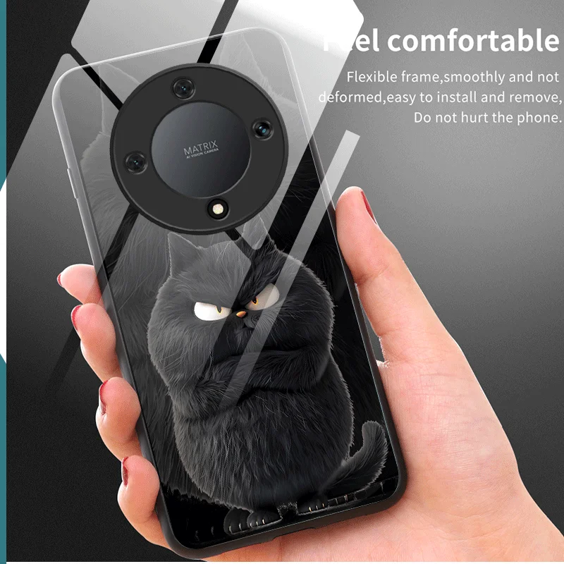 Hard Tempered Glass Case For Honor Magic8 Lite Magic 8 Pro X9d Protective Cover Cat Pattern Back Shell Fundas