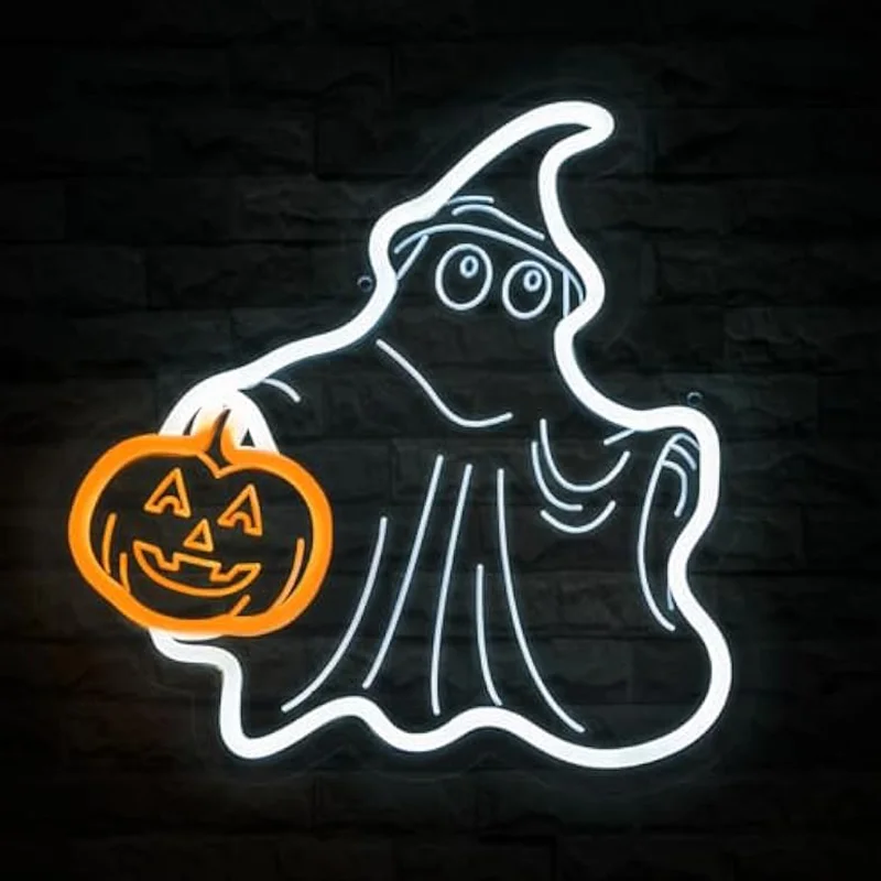 

Ghost Pumpkin Halloween Neon Sign Cute Smiling Spooky Neon Sign Carving Wall Decor Halloween Ghost Led Light for Party Bedroom