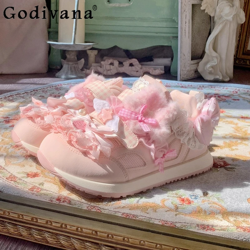 

Princess Style Round Toe Lolita Sneakers Women's Original Bowknot Plush Pink Shoes Female Japanese Sweet Cute Casual Flats