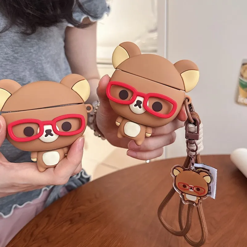 3D Rilakkuma Bear Glasses For AirPods Case Red Frame Silicone Cover with Strap Cute Kawaii Design for AirPods 4/3 Pro/Pro2/Pro3