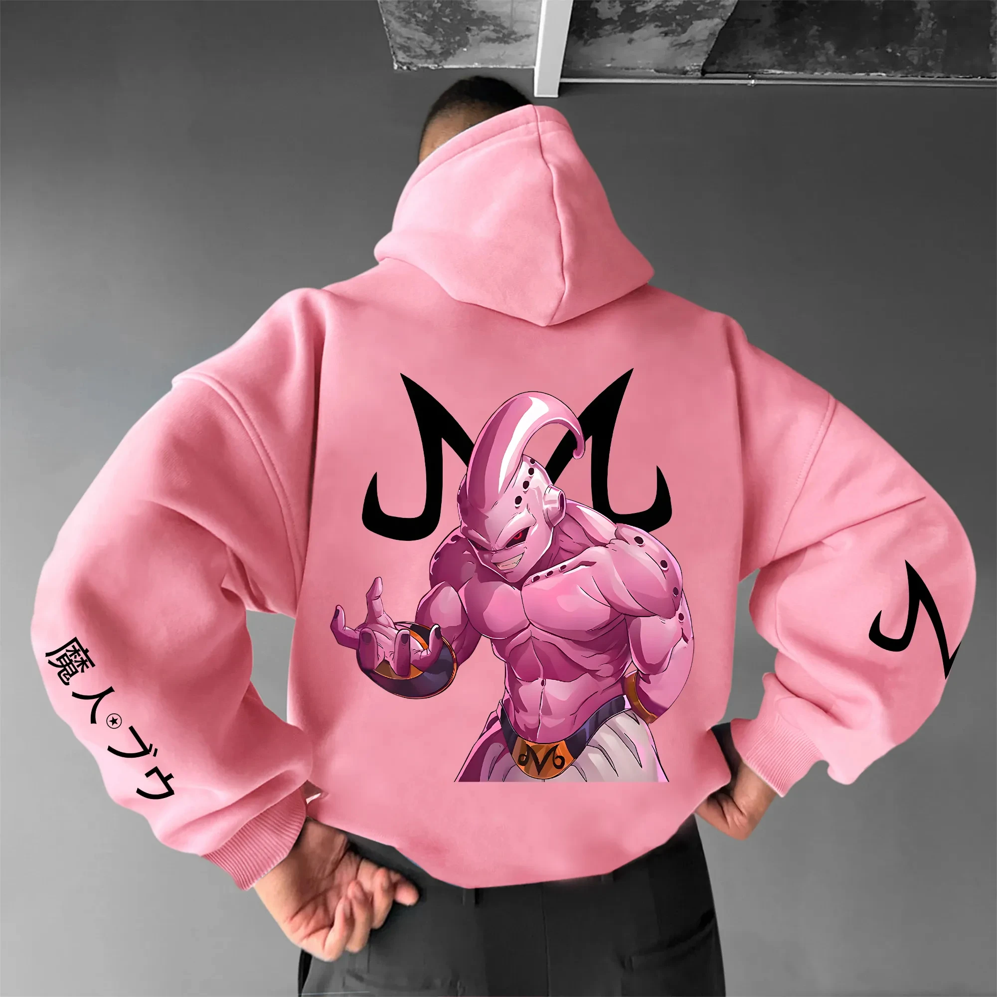 Felpa con cappuccio nera anime uomo donna 2025 felpa invernale in cotone personaggio rosa disegno artistico disegno a tratteggio complesso testo bianco stampa sul retro