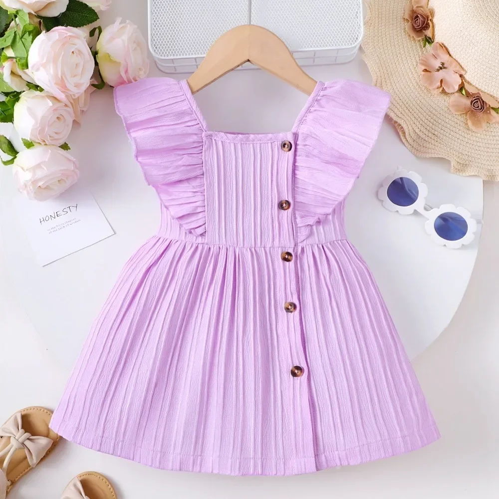 Dress for Toddler Baby Girl 3-24 Months Folding Fabric Flutter Sleeve Botton Design Dress Summer Clothes Infant Baby Clothing