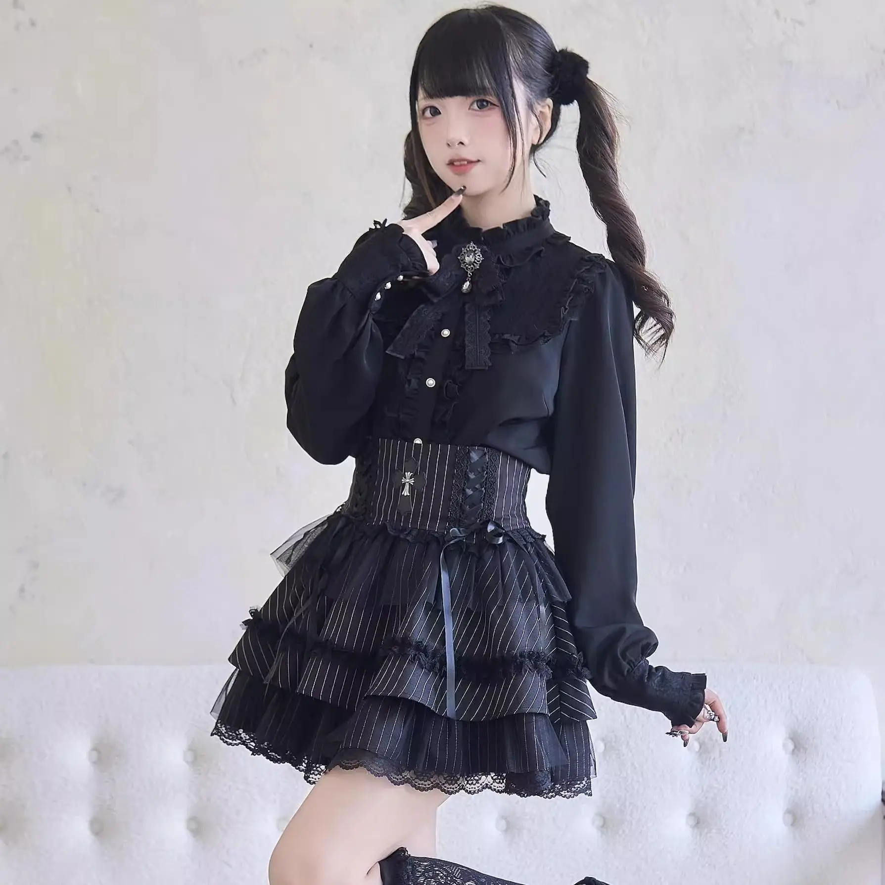 

Japanese Kawaii 2 Piece Set Woman Lolita Black Blouse Bow Lace Shirt High Waist Slim Y2k Mini Skirt Harajuku Sweet Suit Summer