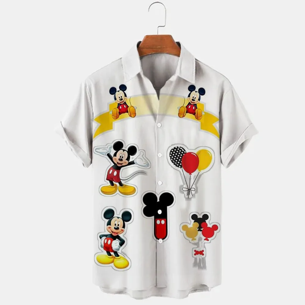 Summer New Disney Winnie The Pooh Stitch And Mickey Brand Cartoon Casual 3D Printed Short Sleeve Lapel Shirt Slim Fit Men's Top