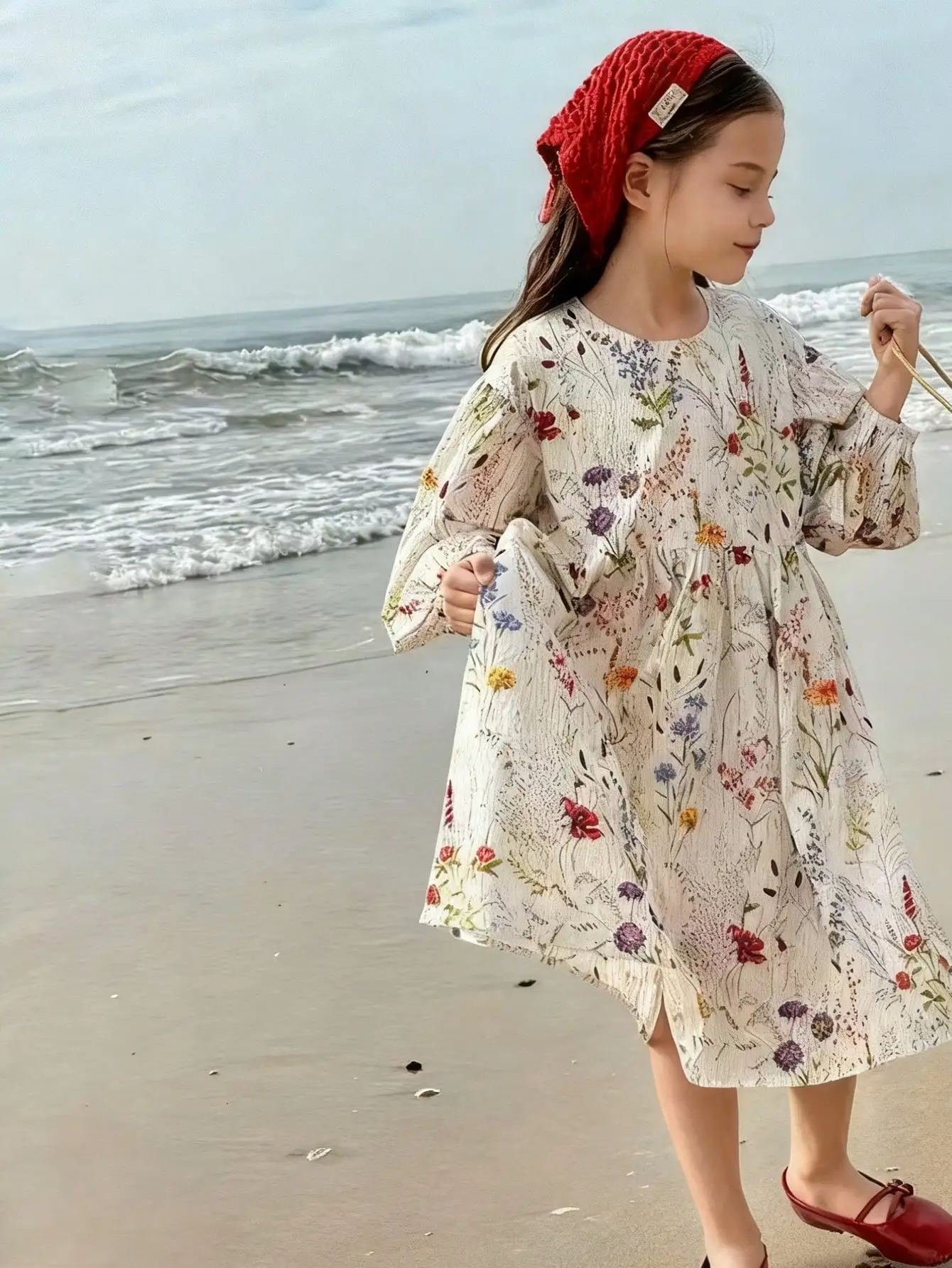 Young Girl Floral Print round Neck Lantern Sleeve Long Dress Elegant Simple Outdoor Vacation Wear