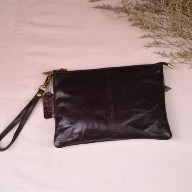 

AETOO Pleated design Vintage leather clutch Bag Casual top layer cowhide clutch bag Portable storage ID slot wrist bag