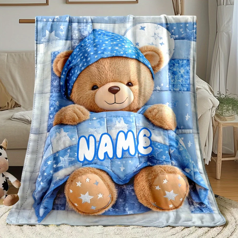 1Pc Personalized Custom Name/Text Blue Teddy Bear Flannel Blanket, Soft and Comfortable,Suitable for Office, Home, Holiday Gift