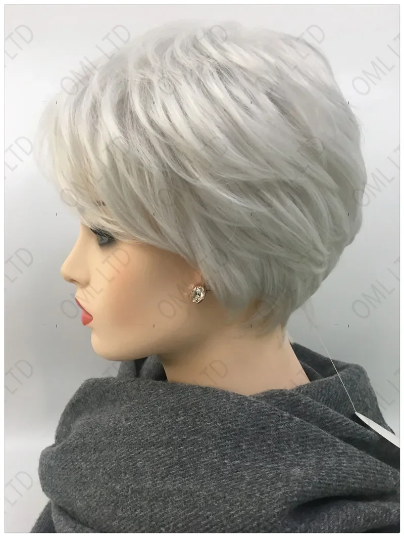 Pelucas sintéticas cortas y esponjosas para mujer, pelo Natural gris degradado, pelo corto y liso con flequillo, Peluca de uso diario para mamá