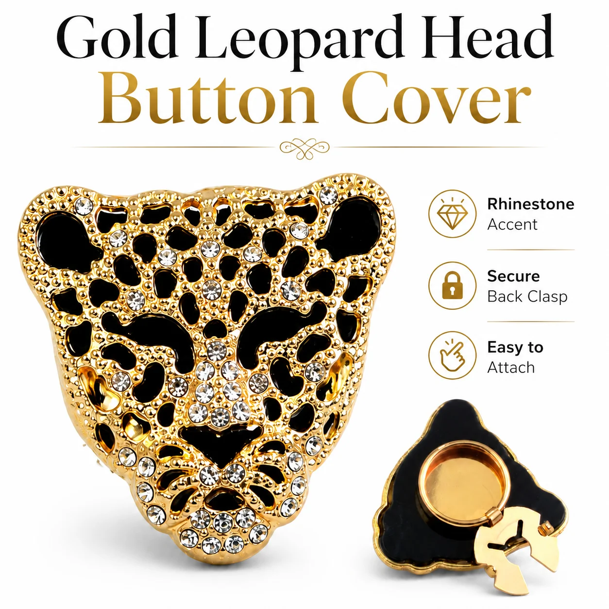 1pc Gold-Tone Leopard Head Button Covers, Rhinestone Shirt Button Clips with Secure Back Clasp for Jackets & Dresses