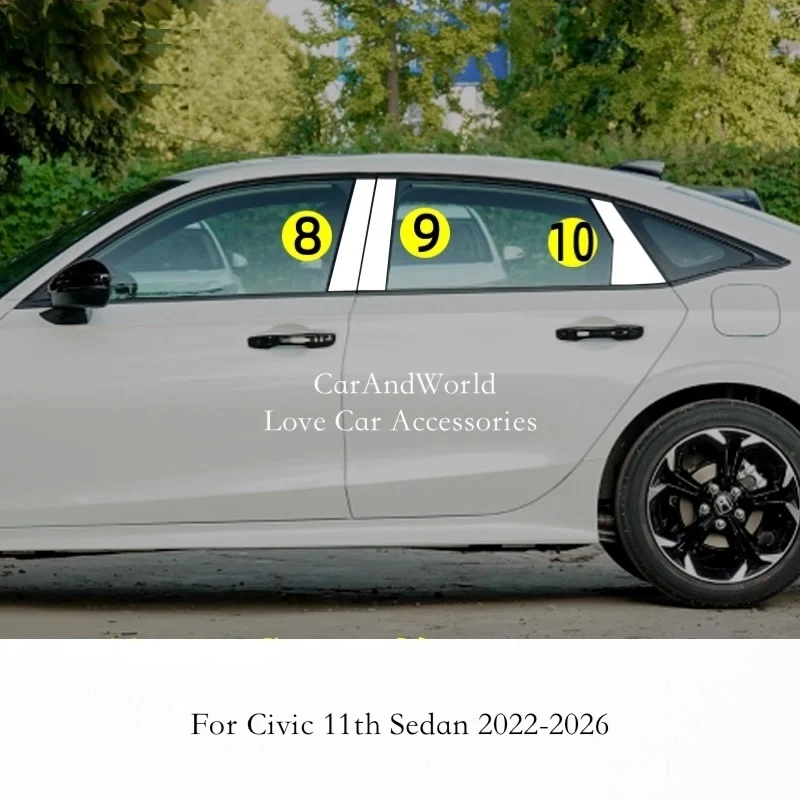 

Для Honda Civic 8-го, 9-го, 10-го, 11-го поколений: накладки на стойки B/C, декоративные элементы для дверных стекол и окон, нержавеющие аксессуары для средних колонн.
