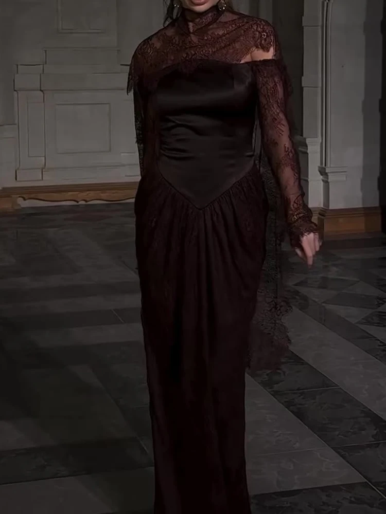 Dame elegante kant hoge kraag avondjurk sexy zijsplit toga's feestjurk mode hoge taille gedrapeerde slanke vloerlengte jurk