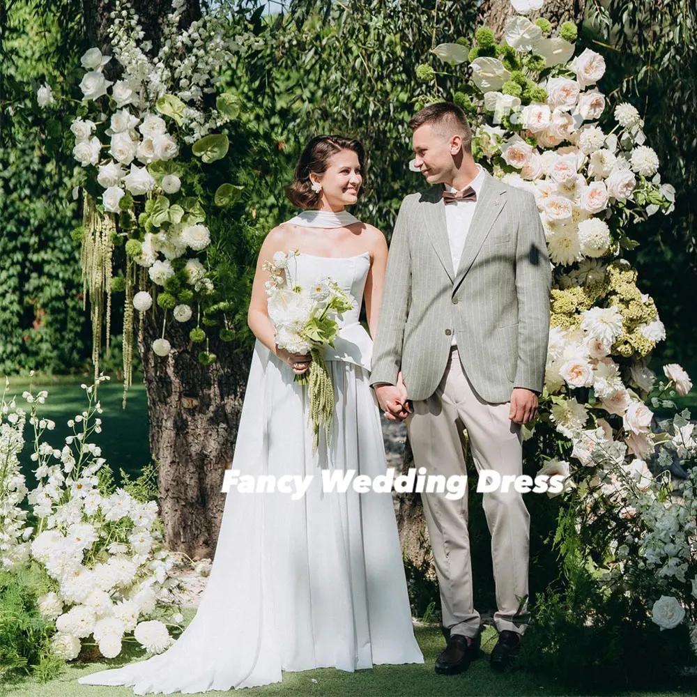 Fancy Graceful Strapless A Line Wedding Dress Korea Photo Shoot A Line Soft Satin Bridal Gown Floor Length Corset Customized