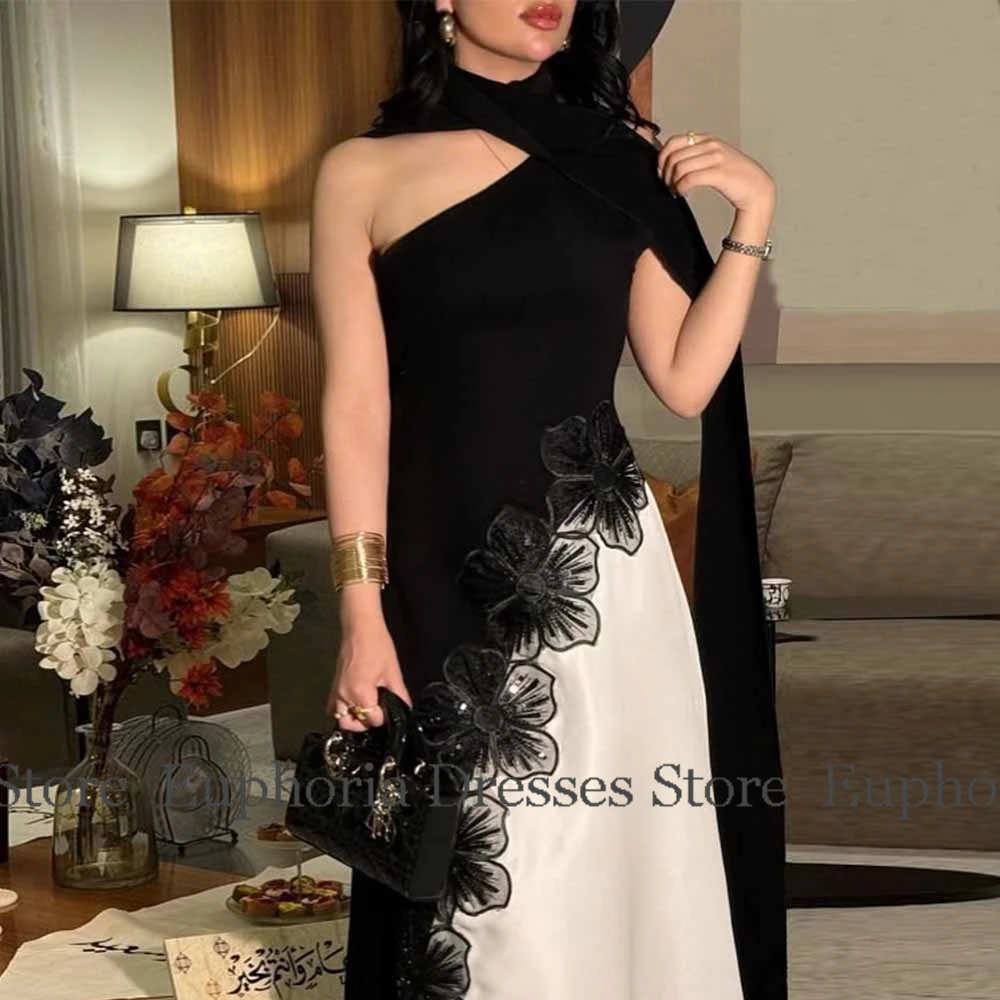 

Saudi Arabia Sorority Formal Dresses Satin Column Cocktail Party Dress Black and White One-shoulder Flower Shawl Prom Dress Midi