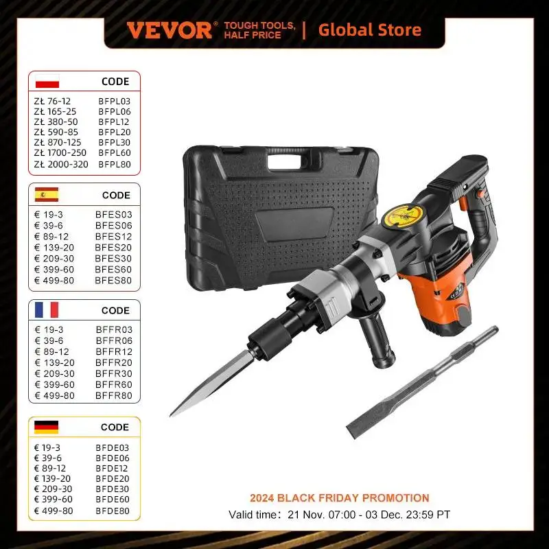 VEVOR 1400W Demolition Jack Hammer Electric Jackhammer Heavy Duty 2900 BPM Concrete Breaker 2pcs Chisels Bits Chipping