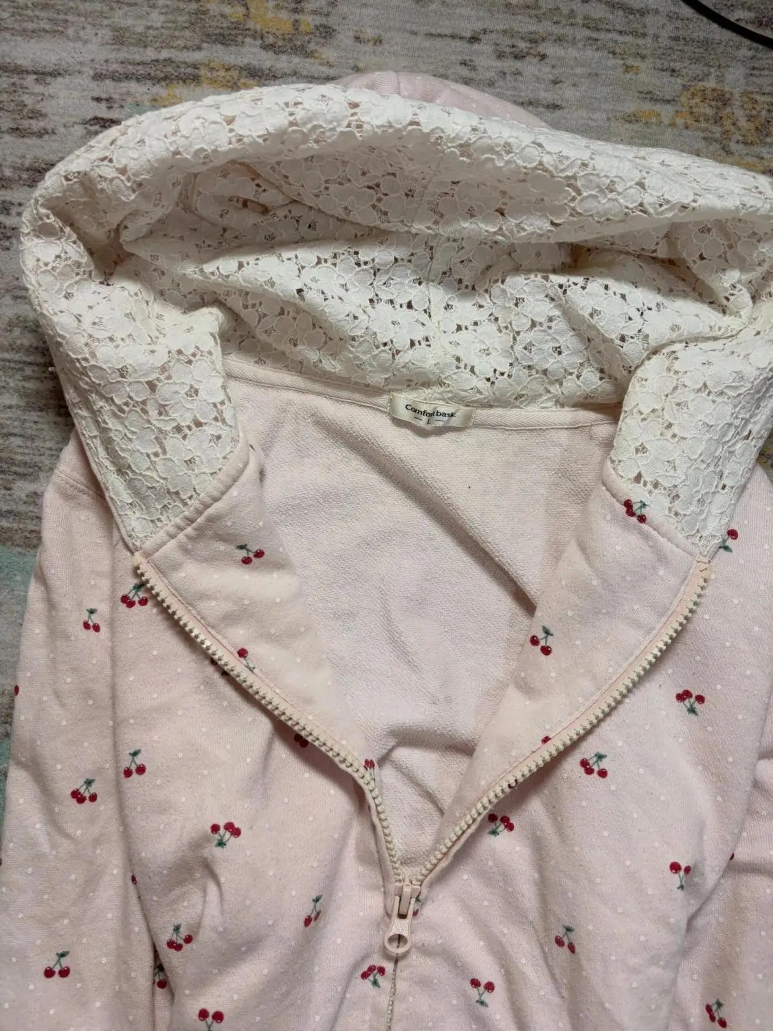 Winter 2000s Cute Pink Lace Women's Hoodies Vintage Cherry Print Long sleeves Blouse Korea Harajuku Hoodies Y2k Woman Clothing