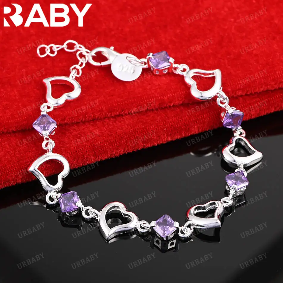 

URBABY 925 Sterling Silver Purple Zircons Hearts Bracelets For Women Men Anniversary Gift Popular Wild Fashion Romantic Jewelry