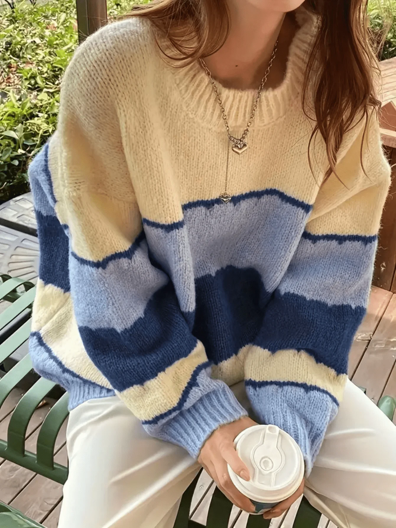 

Women's Oversized Color Block Knit Pullover Sweater with Wavy Stripes, Casual Cozy Fall Winter Top