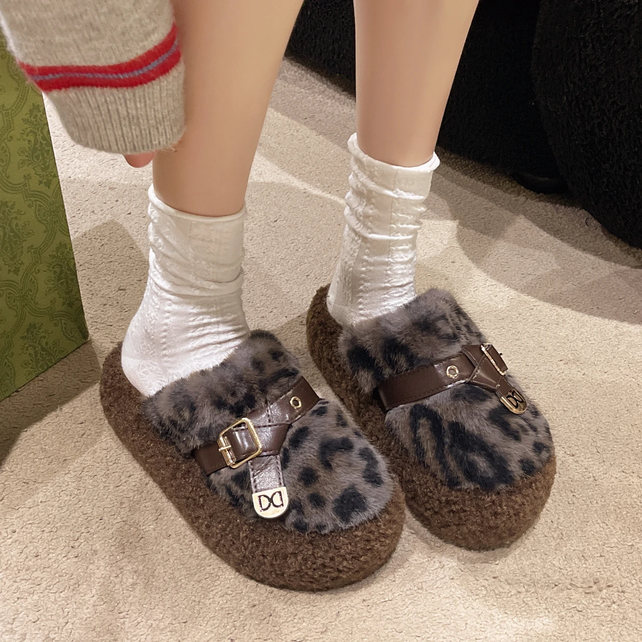 Autumn Winter Leopard Print Slippers Women's Fashion Plush Fur Slides Home Flip Flops Indoor Warm EVA Anti Slip Living Room Shoe