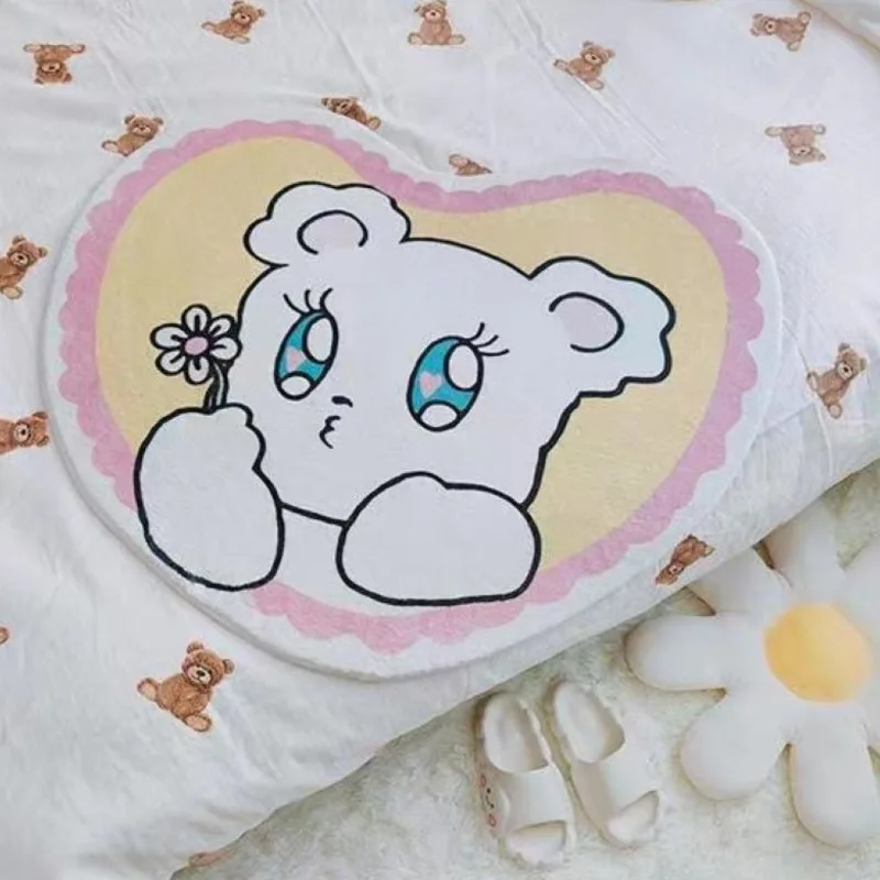 Cartoon Cute Bear Carpet Animal Heart Shape Carpet Non Slip Machine Washable Bedside Plush Rug Home Decor Room Girl Children Mat