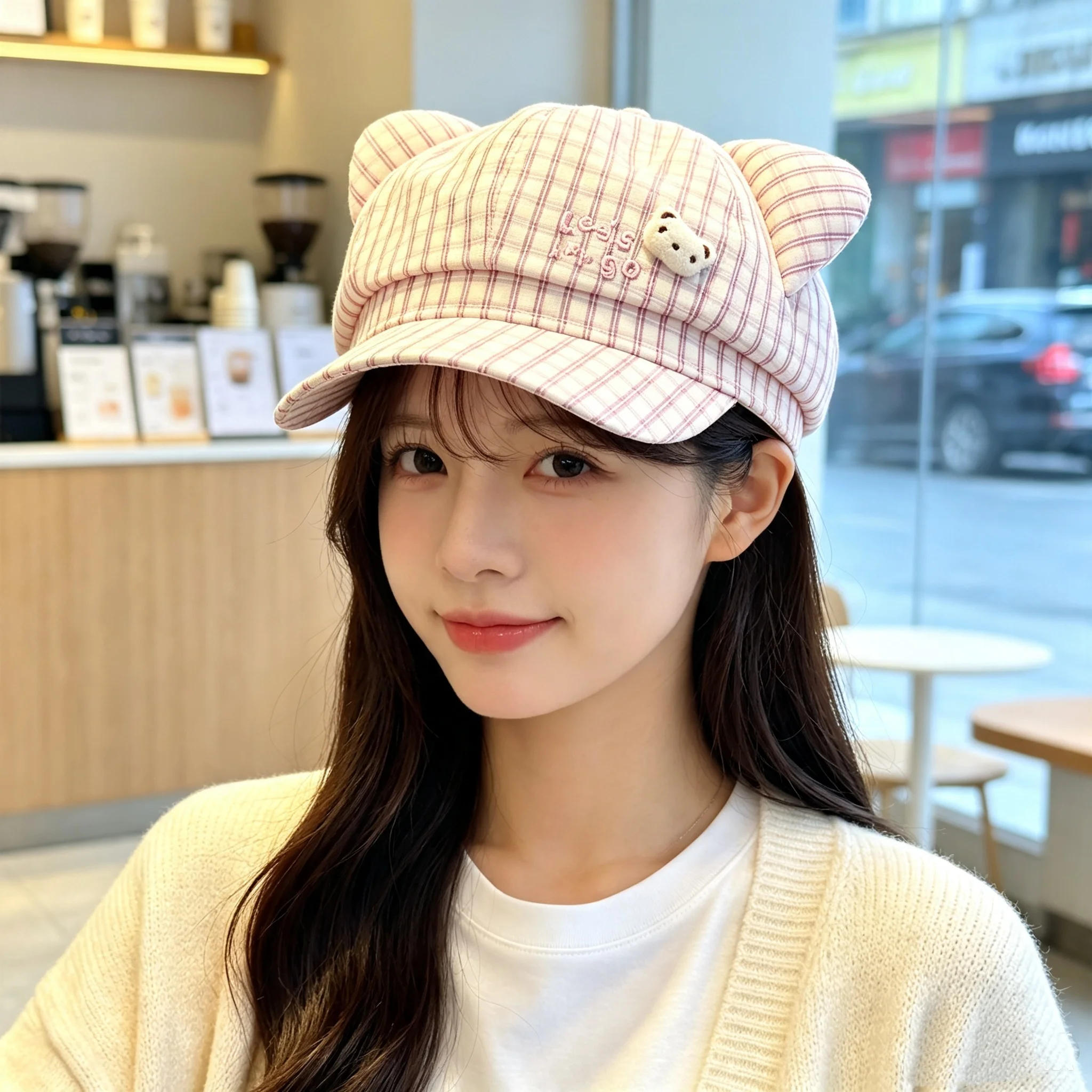 Cute 3D Cat Ear Striped Baseball Cap for Women, Japanese Style for Girls and Students, Daily Outing Casual Versatile Age-Reducing Sun Hat, Plaid Hat, Multiple Colors Available