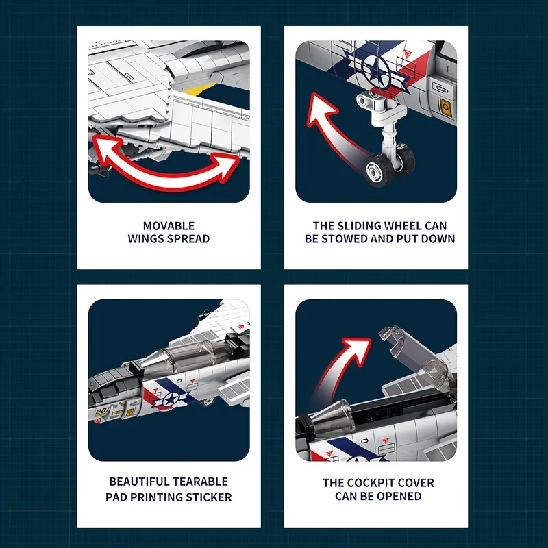 Avion de chasse militaire Tomcat F14, modèle réaliste, briques de construction de nuit, MOC Electrolux-Base, cadeau de vacances, jouet pour enfant, 1600 pièces