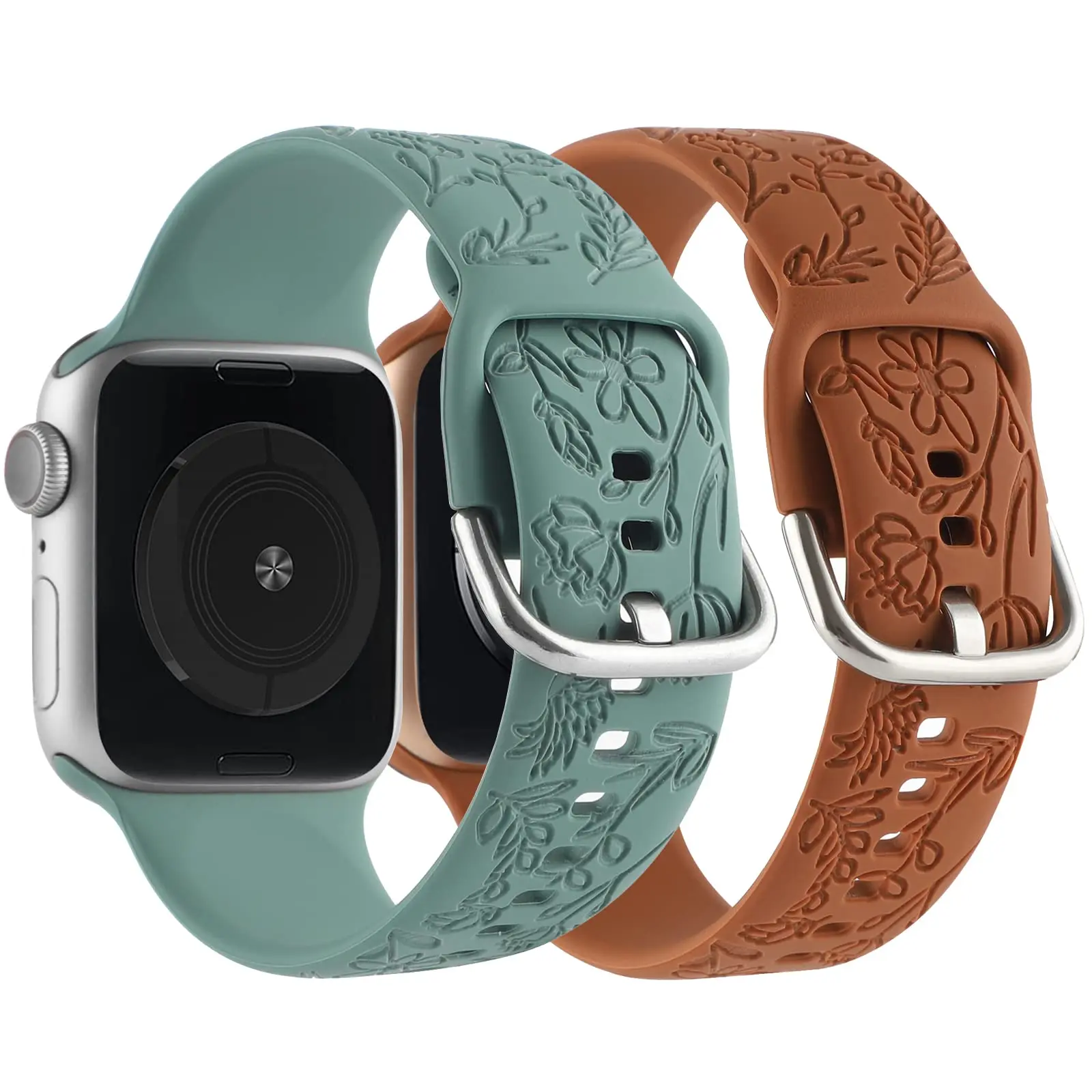 Silicone Strap for Apple Watch Band 3D Engraved Floral Grass Chain for Iwatch9876543Ultra38 40 41 44 45 49 42mm Women New Wrist