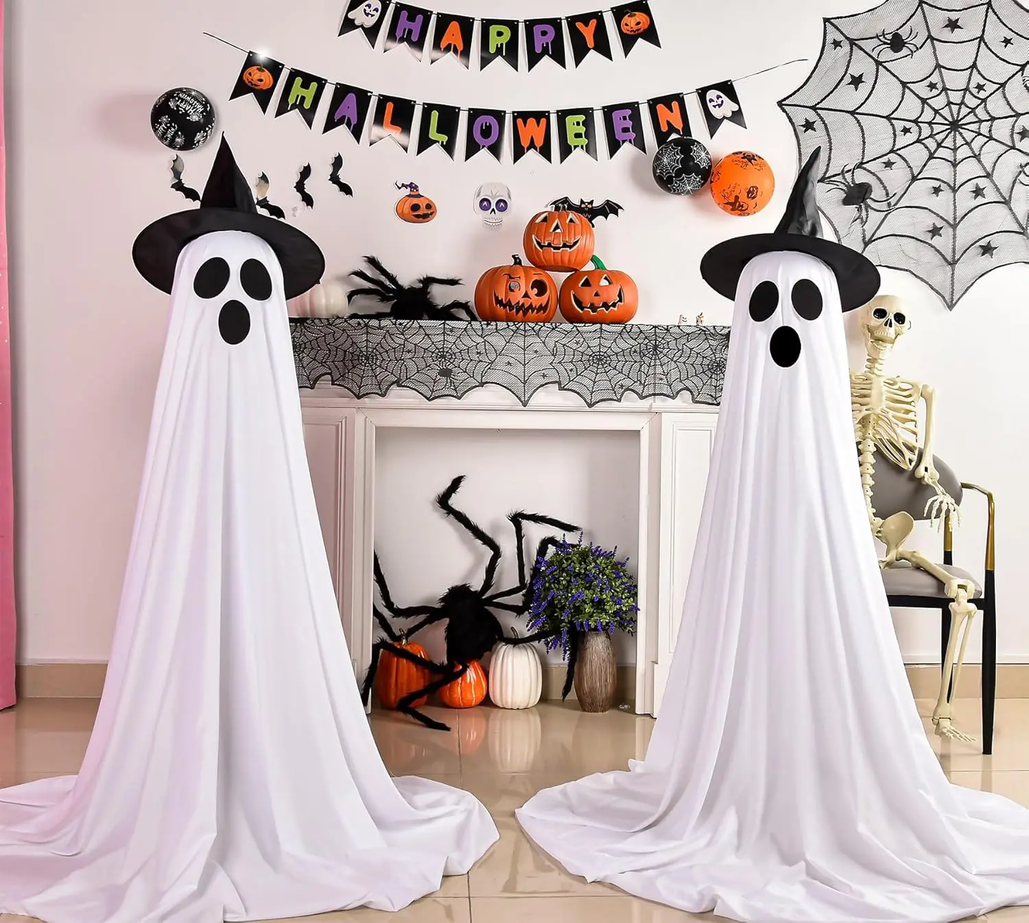 

Halloween Porch Decoration Glowing Ghost with Hat Standing Spooky Courtyard Decor for Atmosphere