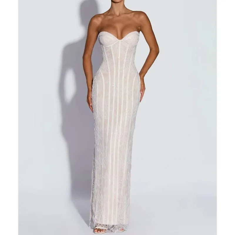 Women Lace Sweetheart Neck Maxi Dress Sheer Mesh Bodycon Evening Party