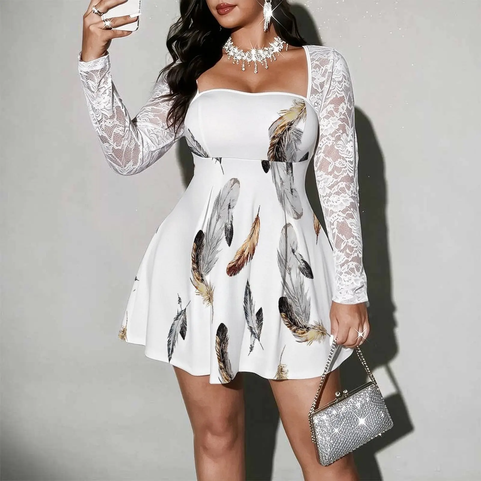 Plus Size Ladies Elegant Mini Dress, Lace Long Sleeve Patchwork, Beach Vacation Slim Skirt Retro Fashion Party Dress