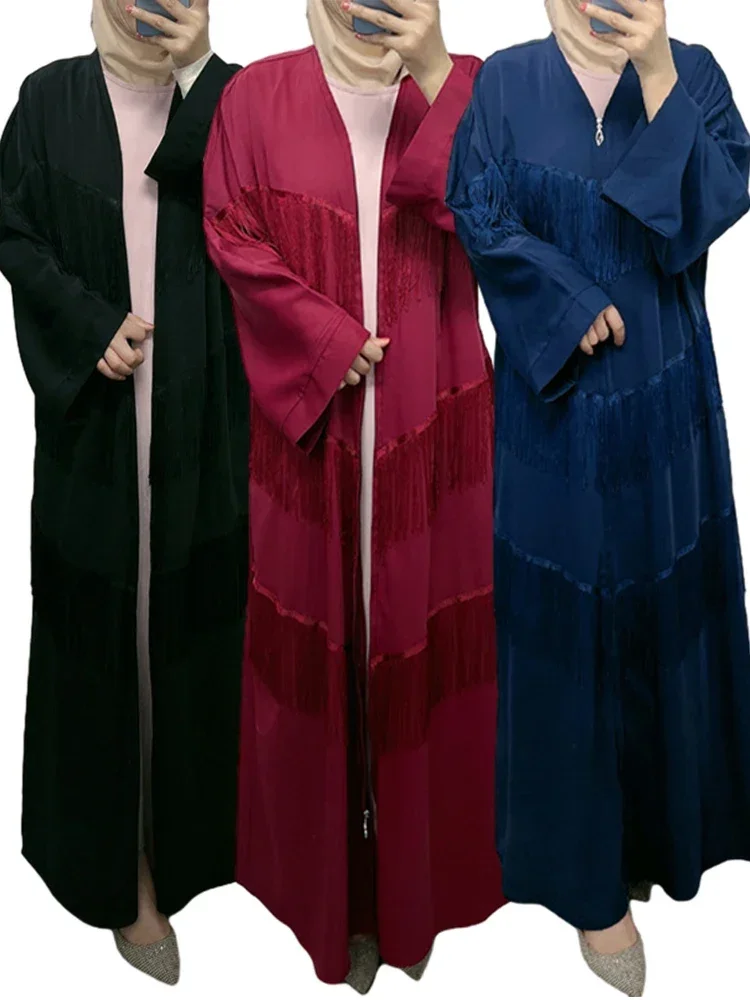 

Eid Muslim Abayas for Women Ramadan Dubai Tassel Pocket Cardigan Zipper Up Kimono Party Abaya Morocco Caftan Arab Long Robe 2024