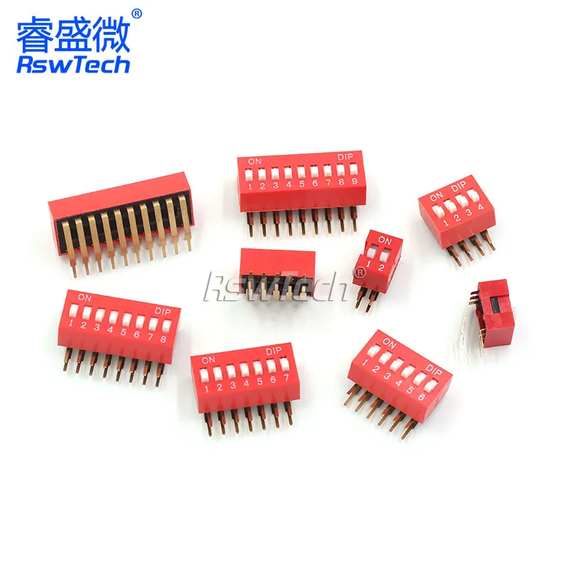 2PCS Red DIP Switch Bent Feet 2.54mm Distance Side Dip Straight Insert 2/3/4/5/6/7/8/9/10P