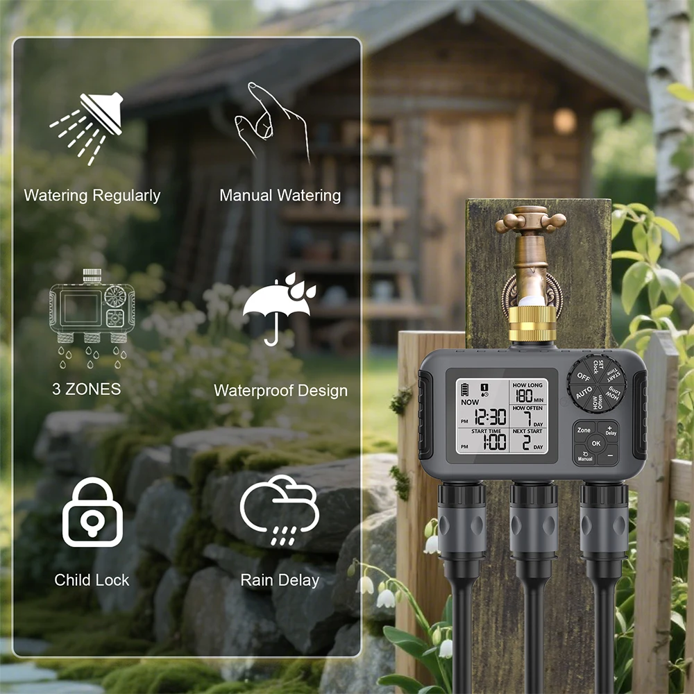 3 Outlets Irrigation Water Timer Programmeable Irrigation System Rain Delay Watering System Outdoor Garden Watering Timer