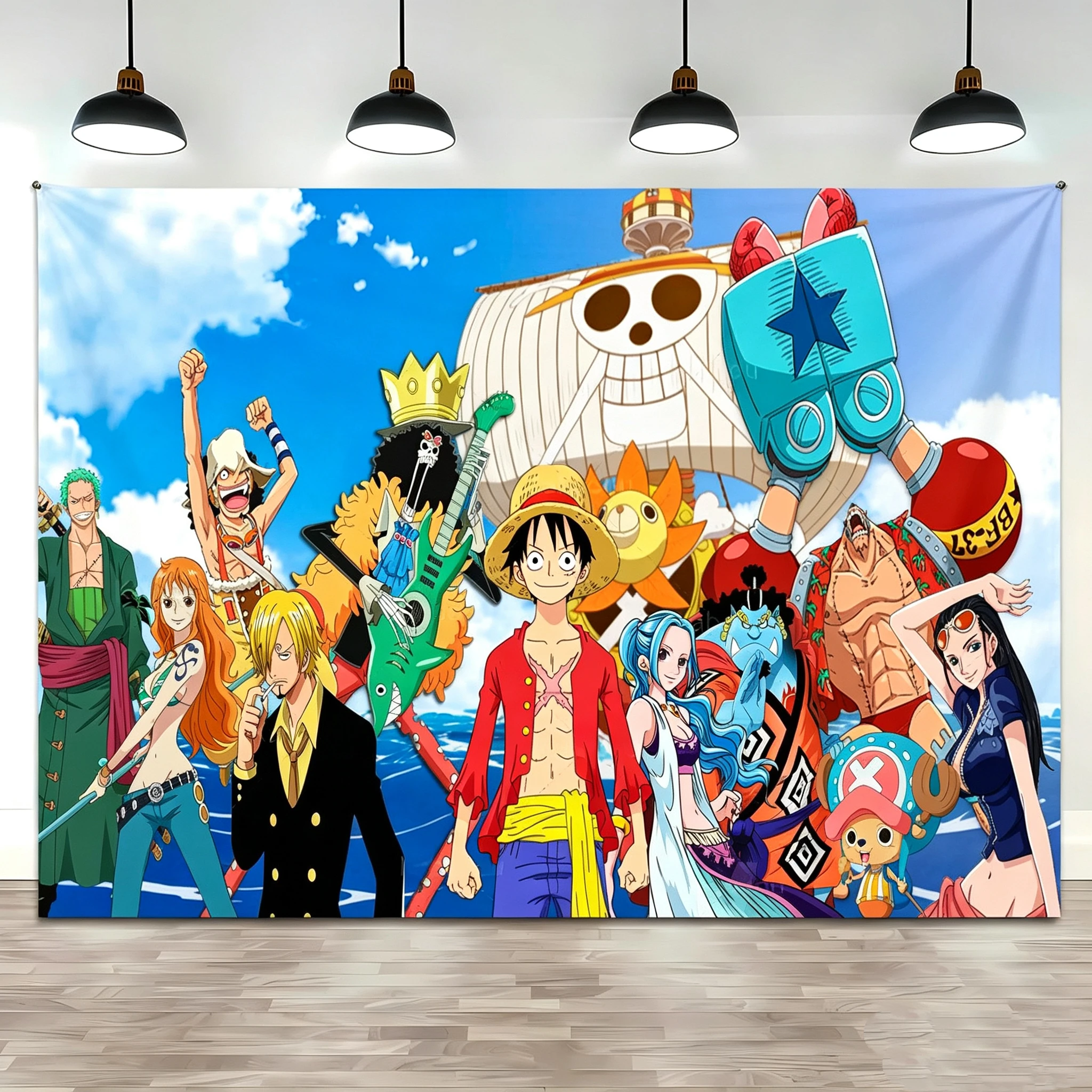 Tło fotograficzne Luffy One Piece z motywem anime, statkiem pirackim i Zoro, personalizowane, dekoracja na przyjęcie urodzinowe dla chłopca, baner, rekwizyt fotograficzny. — zdjęcie produktu 2