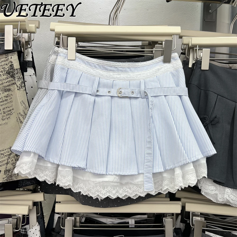 

Sweet Summer New Korean Style Fresh Sky Blue Striped Lace A- Line Mini Skirt for Women Fashion Preppy Style Pleated Skirts Femme