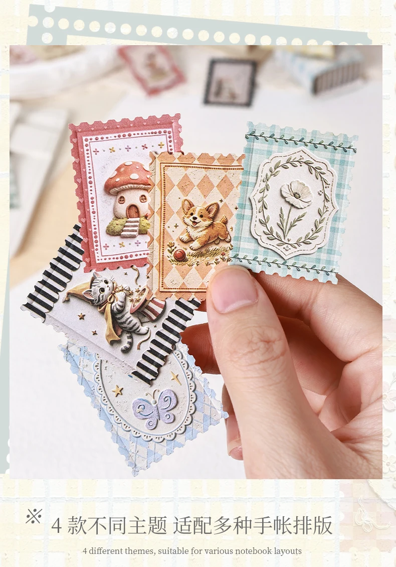 Journal GO, 50 Blatt, Mini-Stempel-Aufkleber auf stabiler Karte, Tier- und Postamt-Motive im Retro-Stil für Tagebücher, Planer, Scrapbooks und Bastelarbeiten. – Detail 7