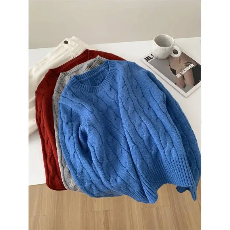 

Autumn Vintage Blue Twists Sweater Women Korean Round Neck Long Sleeve Short Knit Pullovers Top