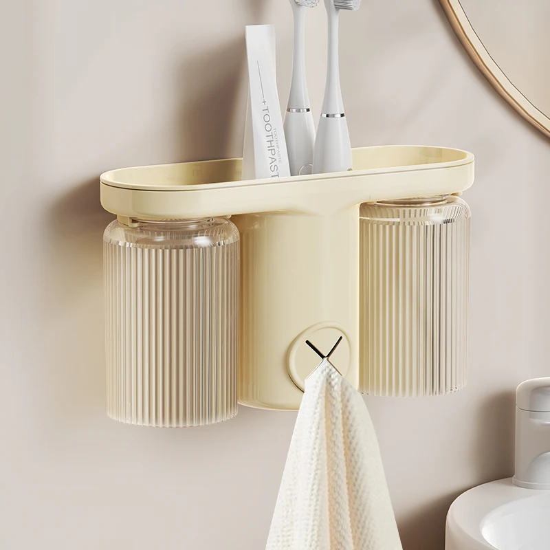 Wall Mounted Double Cup Non Perforated Dental Cup, Toothpaste Towel Storage Rack, Mouthwash Cup, Suitable For Bathrooms