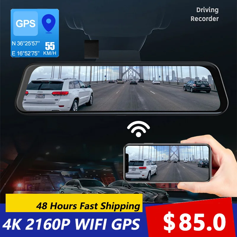 12 Inch 4K Car DVR Rearview Mirror GPS WIFI Dash Cam Sony IMX415 G-Sensor Dash Camera Rear Camera Auto Registrar 24h Monitor