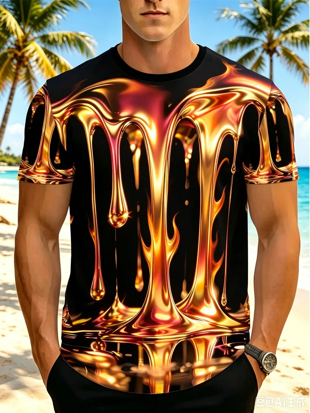 Bunte flüssige Tropfen fallen in 3D-gedrucktem Herren-T-Shirt, atmungsaktiv, für Freizeit und schnelltrocknend, Outdoor-Streetwear-Stil, Sport-Oberteil – Detail 4