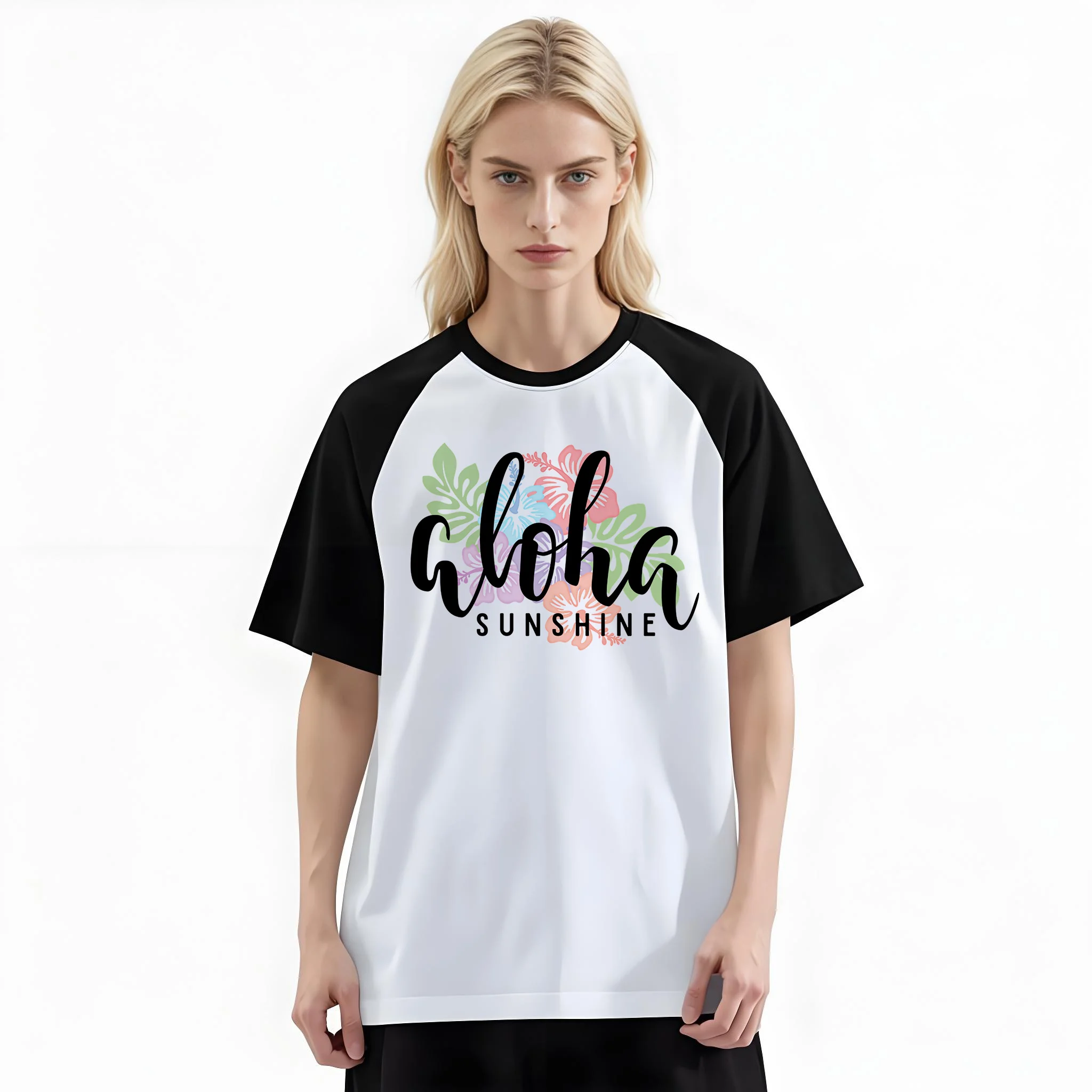 Women'S Fashion Raglan Sleeve T-Shirt, Aloha Sunshine Tropical Flower Printed, Summer Casual Comfortable Tee, Women'S Everyday Short-Sleeve Top