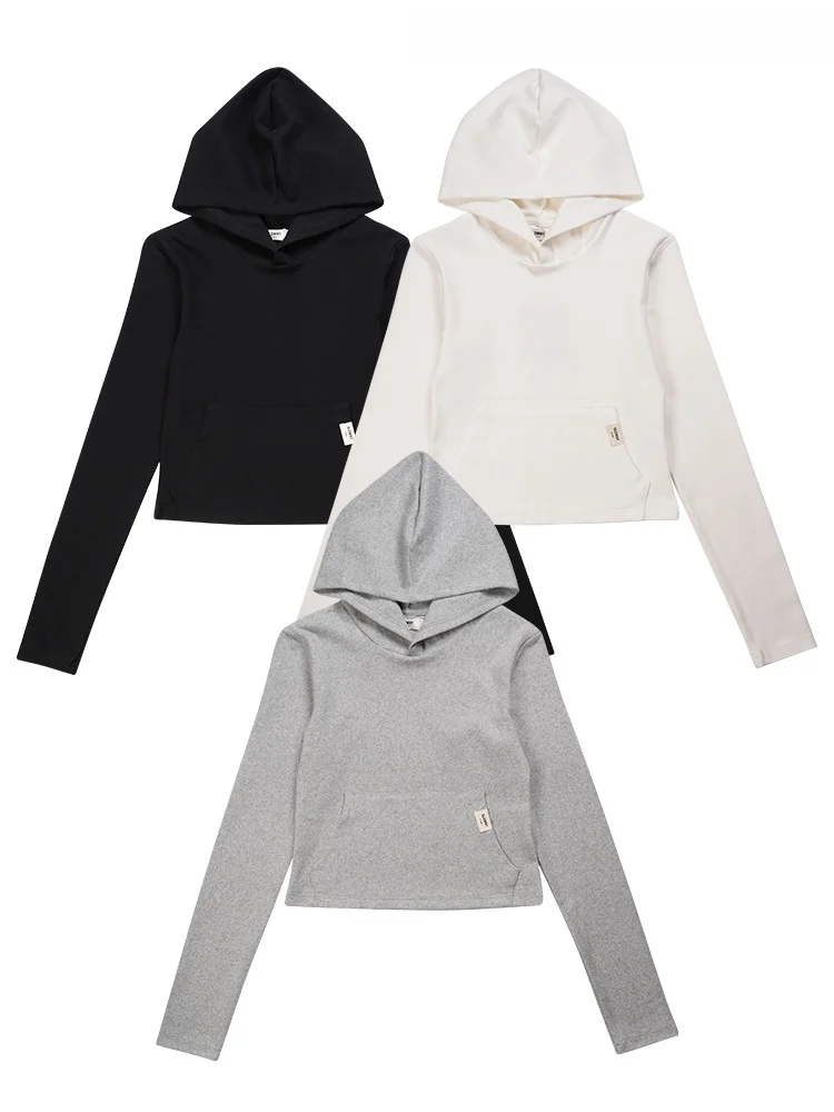 

Slim Fit Hoodie Long Sleeve Base Layer Shirt Women's Style Korean Pure Color Casual Autumn Winter Short Length Sweatshirt