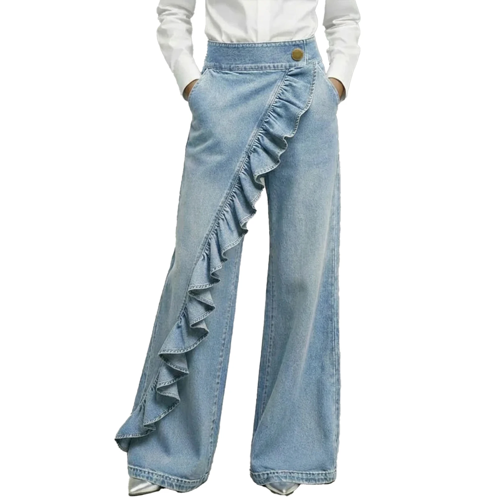 Minimalistische, lässige, lange, einfarbige Jeanshose mit Print und Knopfleiste für Damen, Frühjahr 2026 Neu
