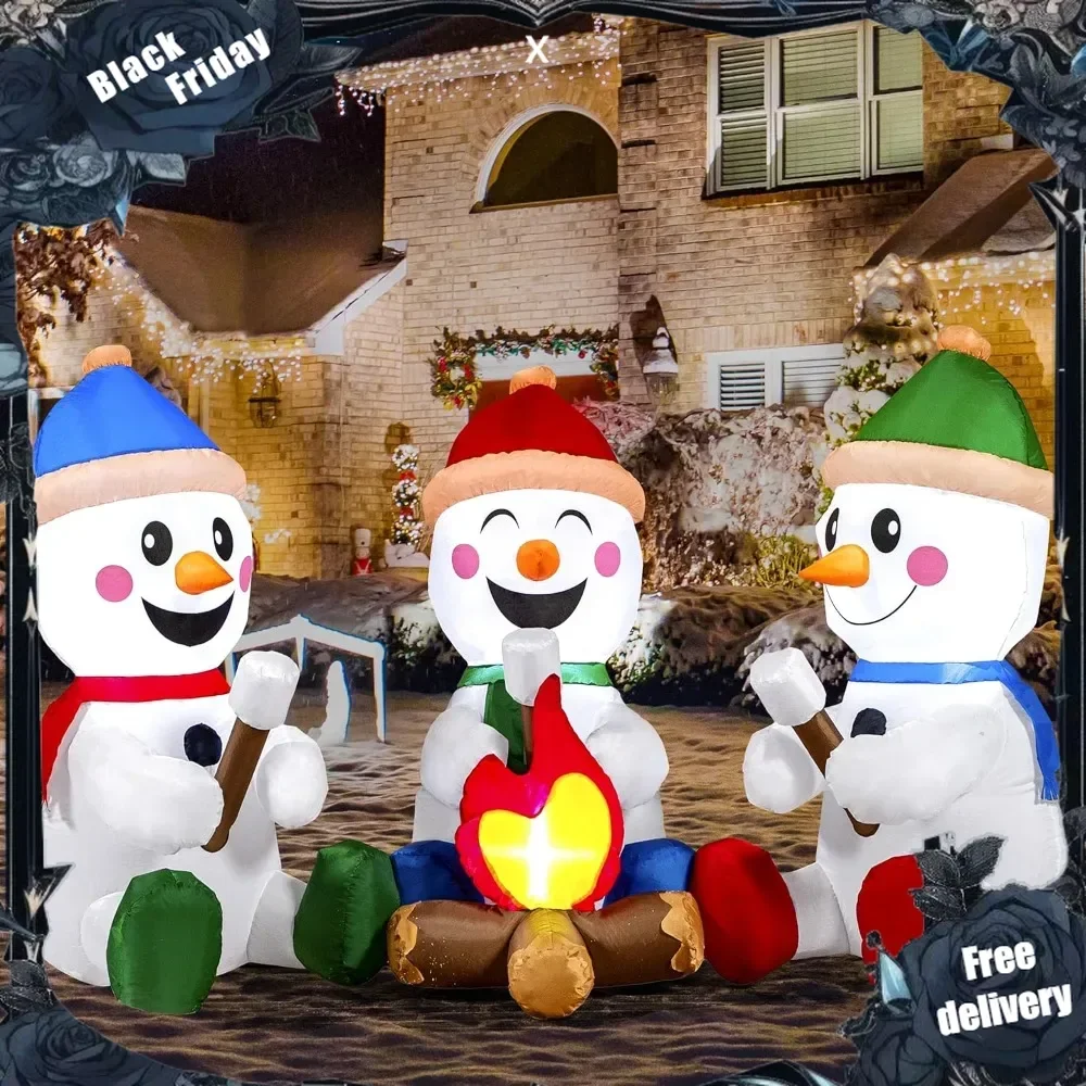 

6 FT Long Christmas Inflatable Snowman with Campfire, 3 Pack Small Snowman with Built-in LEDs Christmas Blow Up Yard Decoration